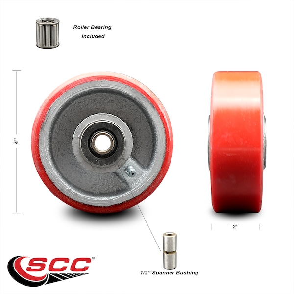 SCC-4 Red Poly On Cast Iron Wheel Only W/Roller Bearing-1/2 Bore-700 Lb Cpty